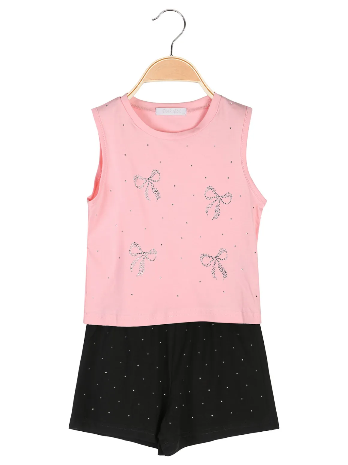 Pink Girl Completo corto da bambina 2 pezzi top e shorts con micro borchie - nero