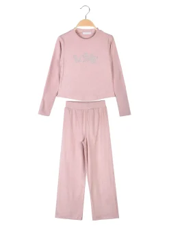 Pink Girl Completo 2 pezzi da bambina a coste con strass - rosa
