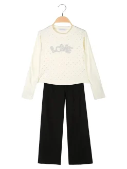 Pink Girl Completo 2 pezzi da bambina a coste con strass - panna