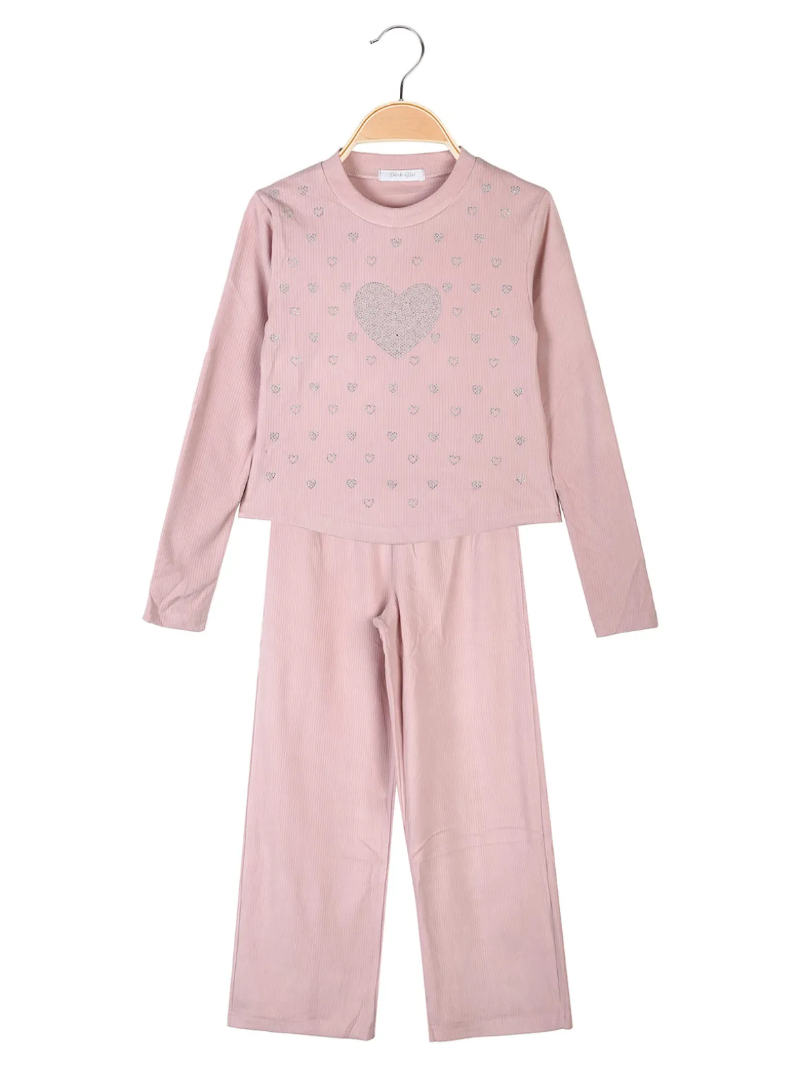 Pink Girl Completo 2 pezzi da bambina a coste con cuori di strass - rosa