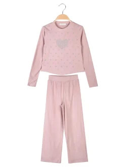 Pink Girl Completo 2 pezzi da bambina a coste con cuori di strass - rosa
