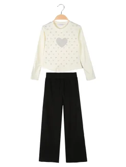 Pink Girl Completo 2 pezzi da bambina a coste con cuori di strass - panna