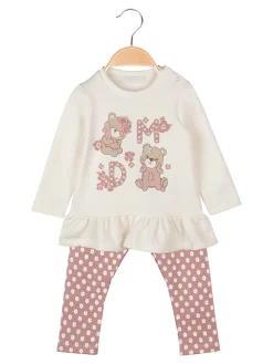 Pink Girl Completo 2 pezzi da neonata con maglietta orsacchiotti e leggings a fiori - panna