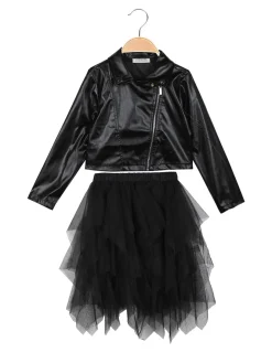 Pink Rabbit Completo da bambina con giacca in ecopelle + t-shirt e gonna in tulle