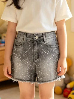 Pink Rabbit Shorts da ragazza in jeans con micro borchie - nero