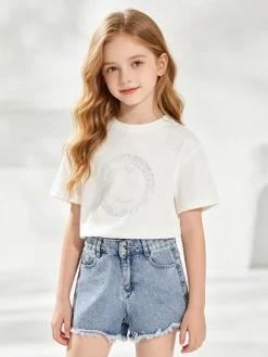 Pink Rabbit Shorts in jeans da bambina sfrangiati con micro borchie - jeans