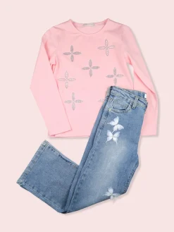 Pink Shell Jeans da bambina a gamba dritta con micro borchie e strass - jeans