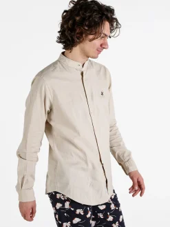 Polo Club Camicia da uomo alla coreana in misto lino e cotone
