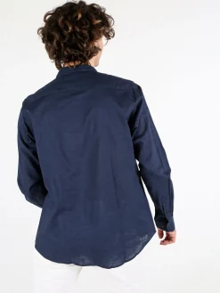 Polo Club Camicia da uomo alla coreana in misto lino e cotone