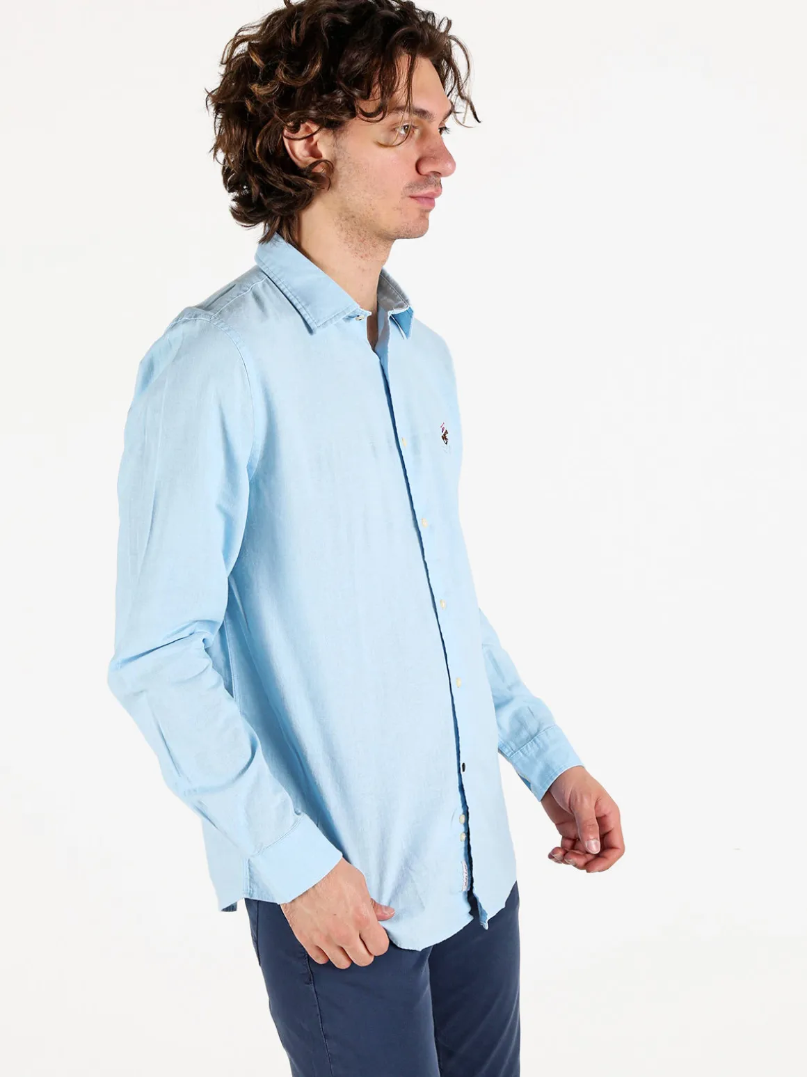 Polo Club Camicia da uomo in misto lino e cotone a maniche lunghe