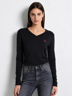 Polo Club T-shirt donna scollo a V a maniche lunghe in cotone - blu scuro