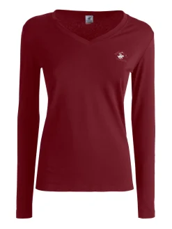 Polo Club T-shirt donna scollo a V a maniche lunghe in cotone - bordeaux