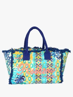 Positano Borsa donna estiva in tessuto colorato con doppi manici e bordi sfrangiati - acqua marina