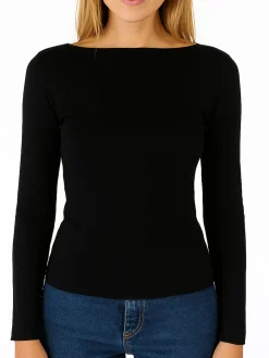 Pura P0735M Maglietta donna a costine in cashmere con scollo a barca - nero