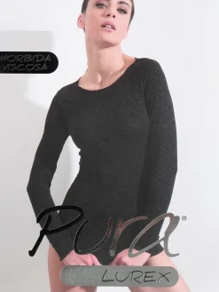 Pura P0724M Maglietta donna in lurex a maniche lunghe con scollo a barca