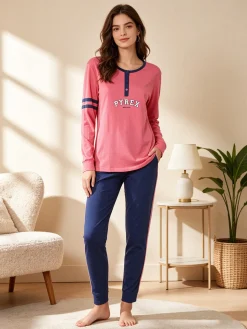 Pyrex Pigiama lungo da donna in cotone con logo - fucsia