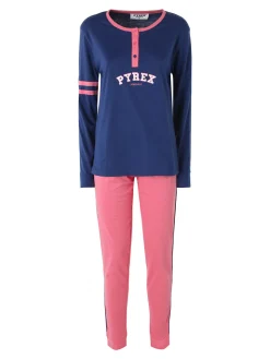 Pyrex Pigiama lungo da donna in cotone con logo - blu