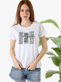 Renato Balestra T-shirt girocollo da donna in cotone con stampa e brillantini - bianco
