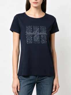 Renato Balestra T-shirt girocollo da donna in cotone con stampa e brillantini - blu scuro
