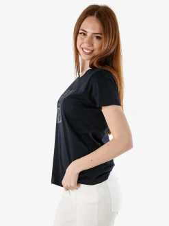 Renato Balestra T-shirt girocollo da donna in cotone con strass e dettagli lurex - blu scuro