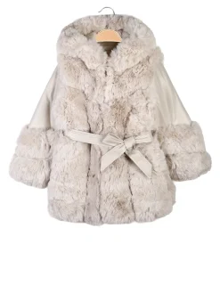 Re Panda Cappotto da bambina in ecopelliccia con cappuccio e dettagli ecopelle - beige