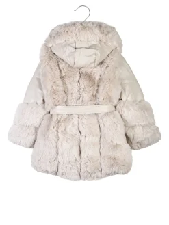 Re Panda Cappotto da bambina in ecopelliccia con cappuccio e dettagli ecopelle - beige