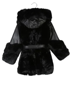 Re Panda Cappotto da bambina in ecopelliccia con cappuccio e dettagli ecopelle - nero