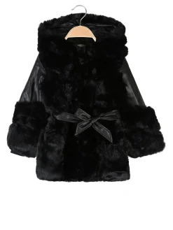 Re Panda Cappotto da bambina in ecopelliccia con cappuccio e dettagli ecopelle - nero