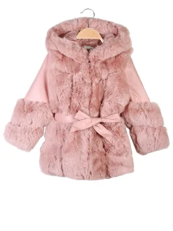 Re Panda Cappotto da bambina in ecopelliccia con cappuccio e dettagli ecopelle - rosa