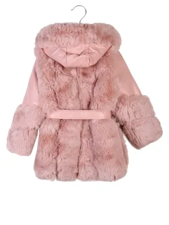 Re Panda Cappotto da bambina in ecopelliccia con cappuccio e dettagli ecopelle - rosa