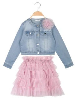 Re Panda Completo da bambina 3 pezzi con gonna a balze e giacca in jeans