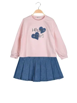 Re Panda Completo 2 pezzi da bambina con felpa oversize e gonna in jeans - rosa
