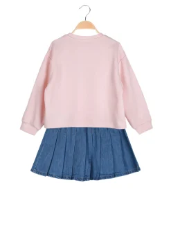 Re Panda Completo 2 pezzi da bambina con felpa oversize e gonna in jeans - rosa
