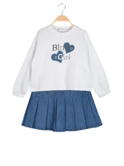 Re Panda Completo 2 pezzi da bambina con felpa oversize e gonna in jeans - bianco