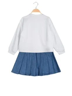 Re Panda Completo 2 pezzi da bambina con felpa oversize e gonna in jeans - bianco