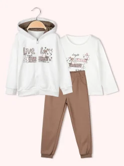Re Panda Completo 3 pezzi da bambina con cappuccio e zip - bianco