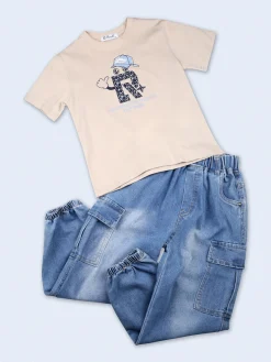 Re Panda Jeans cargo da bambino con elastico sul finale - blu