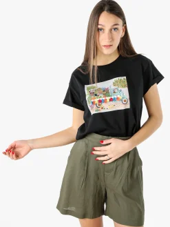 Rifle T-shirt girocollo da donna in cotone con stampe e strass - nero