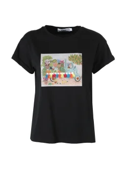 Rifle T-shirt girocollo da donna in cotone con stampe e strass - nero