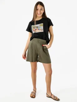 Rifle T-shirt girocollo da donna in cotone con stampe e strass - nero