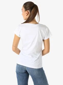 Rifle T-shirt girocollo da donna in cotone con stampe e strass - bianco