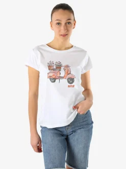 Rifle T-shirt girocollo da donna in cotone con stampe e strass - bianco