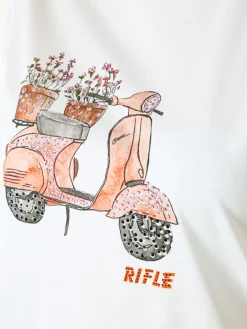 Rifle T-shirt girocollo da donna in cotone con stampe e strass - bianco