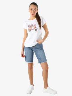 Rifle T-shirt girocollo da donna in cotone con stampe e strass - bianco
