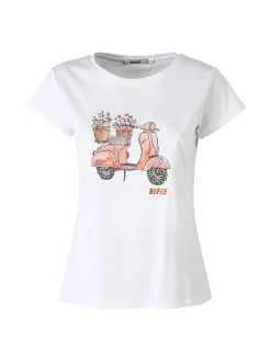 Rifle T-shirt girocollo da donna in cotone con stampe e strass - bianco