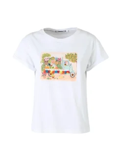 Rifle T-shirt girocollo da donna in cotone con stampe e strass - bianco