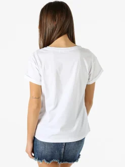Rifle T-shirt girocollo da donna in cotone con stampe e strass - bianco