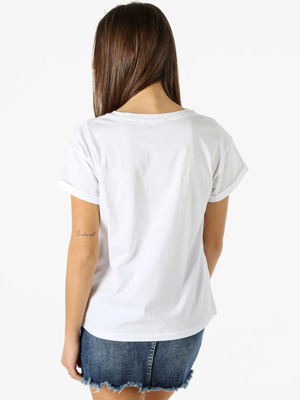 Rifle T-shirt girocollo da donna in cotone con stampe e strass - bianco