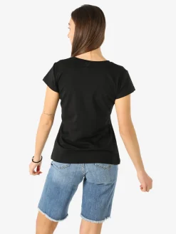 Rifle T-shirt girocollo da donna in cotone con stampe e strass - nero