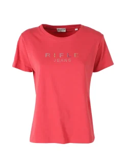 Rifle T-shirt girocollo da donna in cotone con strass - arancione